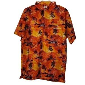 Paradise Hawaiian Shirt Caribbean Islands Palm Trees Orange Button Up M